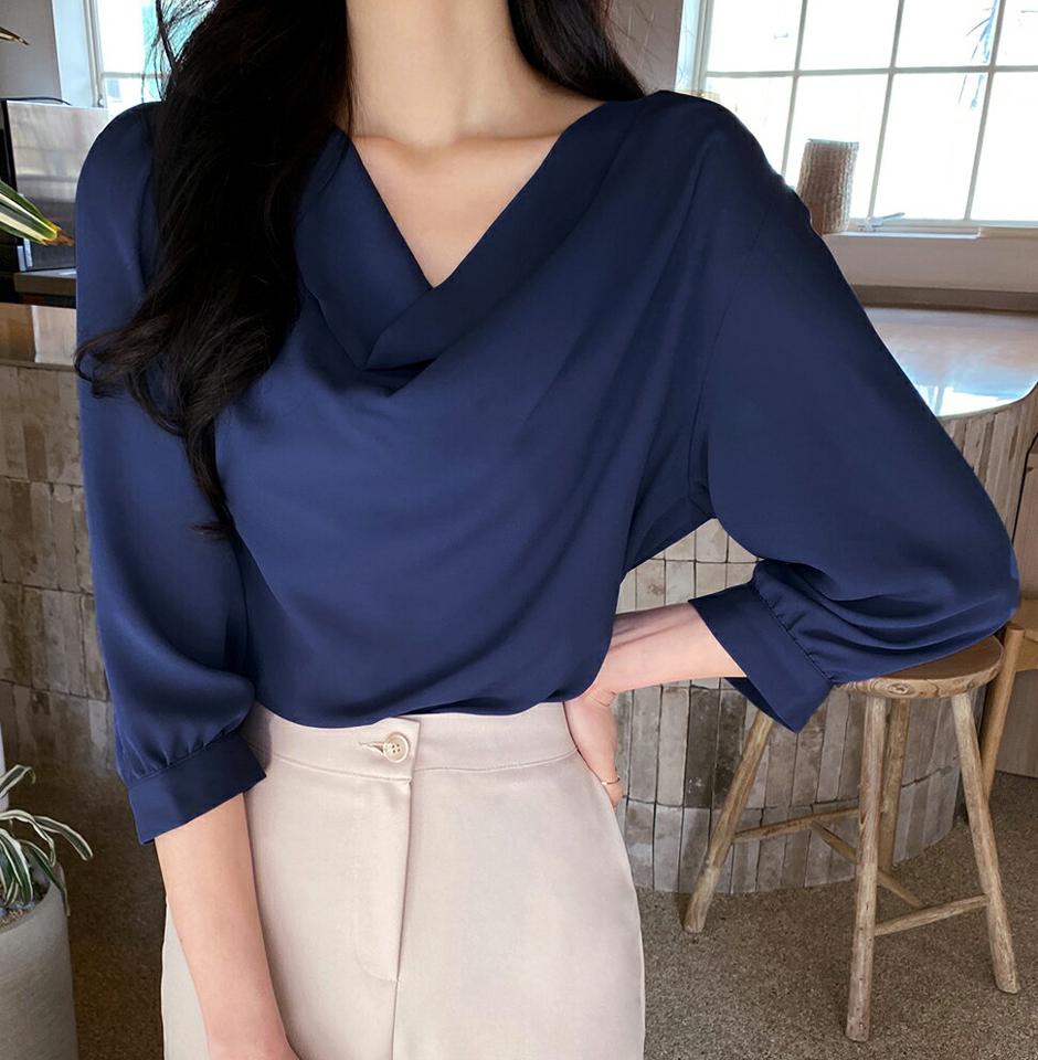 ドレープネック7分袖ブラウス・全3色・t66864 レディース 【bl】韓国ファッション トップス ブラウス 7分袖 7分丈 ドレープネック シフォン パフスリーブ 無地 シンプル かわいい ピンク 可愛い カジュアル フェミニン 春 秋