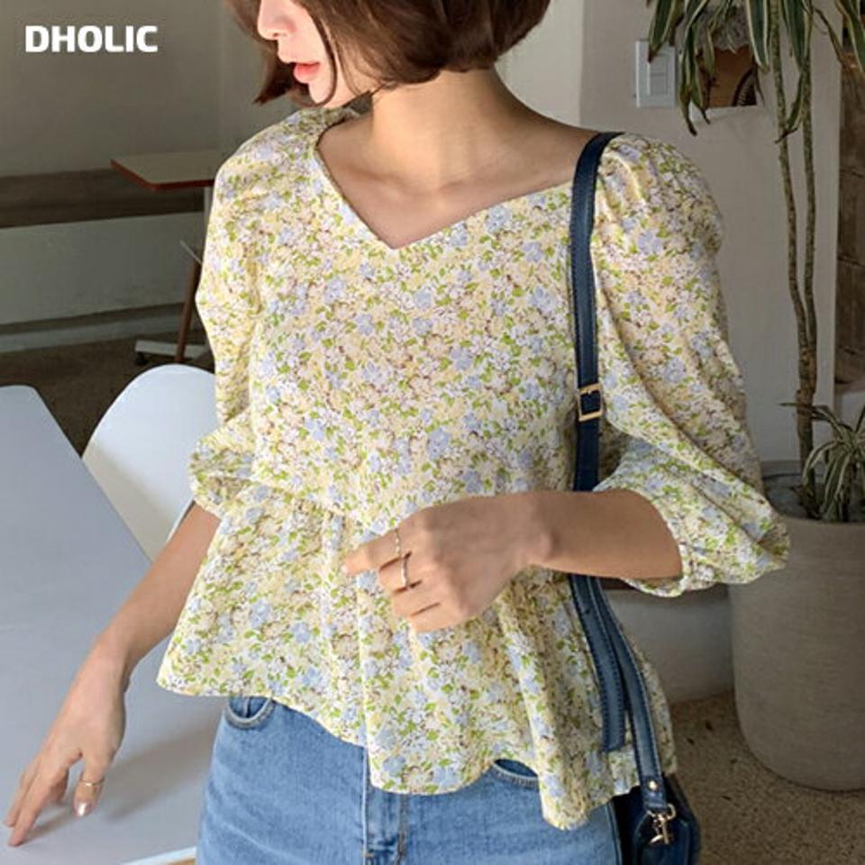 2WAY花柄フレアヘムブラウス・全2色・t66865 レディース 【bl】韓国ファッション トップス ブラウス 長袖 ハートネック 花柄 フローラル フラワー クロップド丈 ギャザー オフショル シンプル カジュアル フェミニン 春 秋