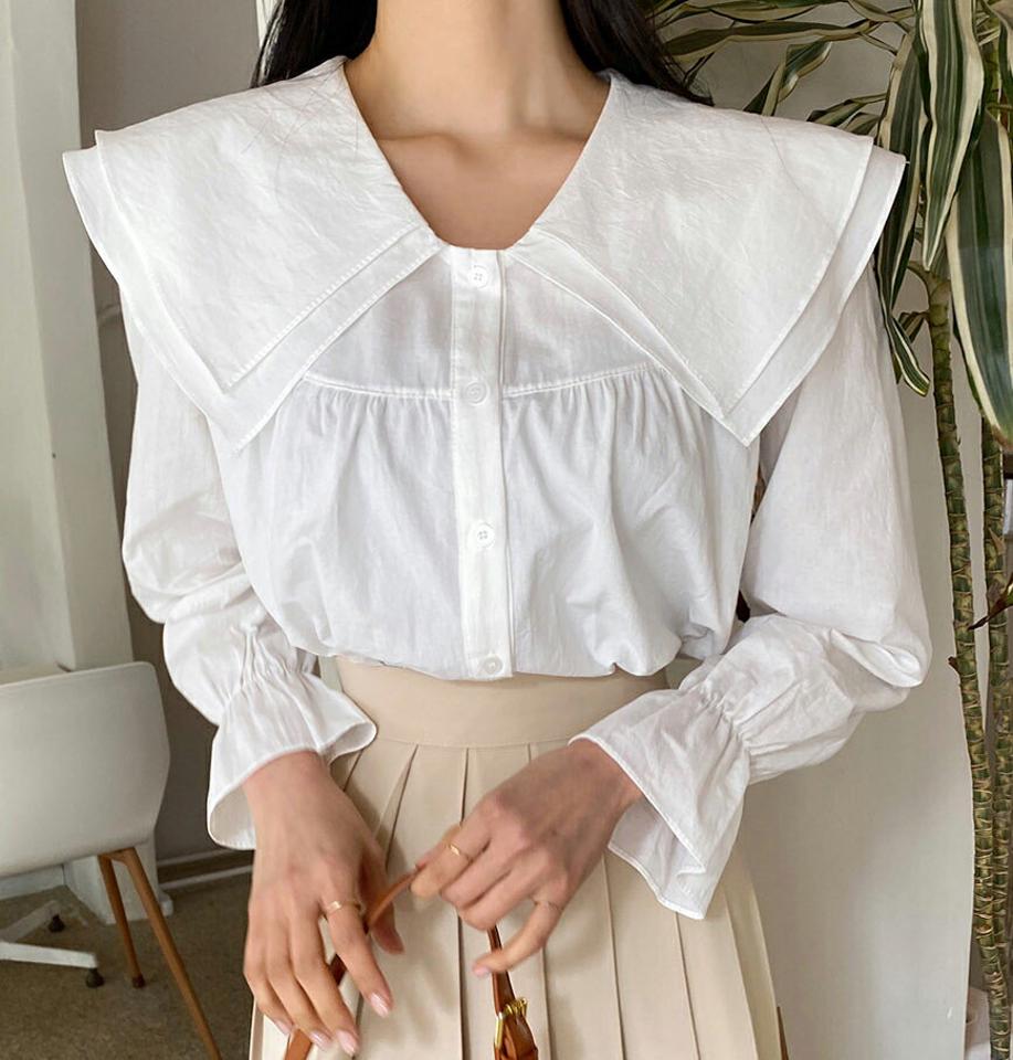 ダブルビッグセーラーカラーブラウス・全3色・t66869 レディース 【bl】韓国ファッション トップス ブラウス 長袖 カラーネック ダブルカラー ビッグカラー セーラーカラー ギャザー 無地 シンプル かわいい カジュアル フェミニン 春 秋