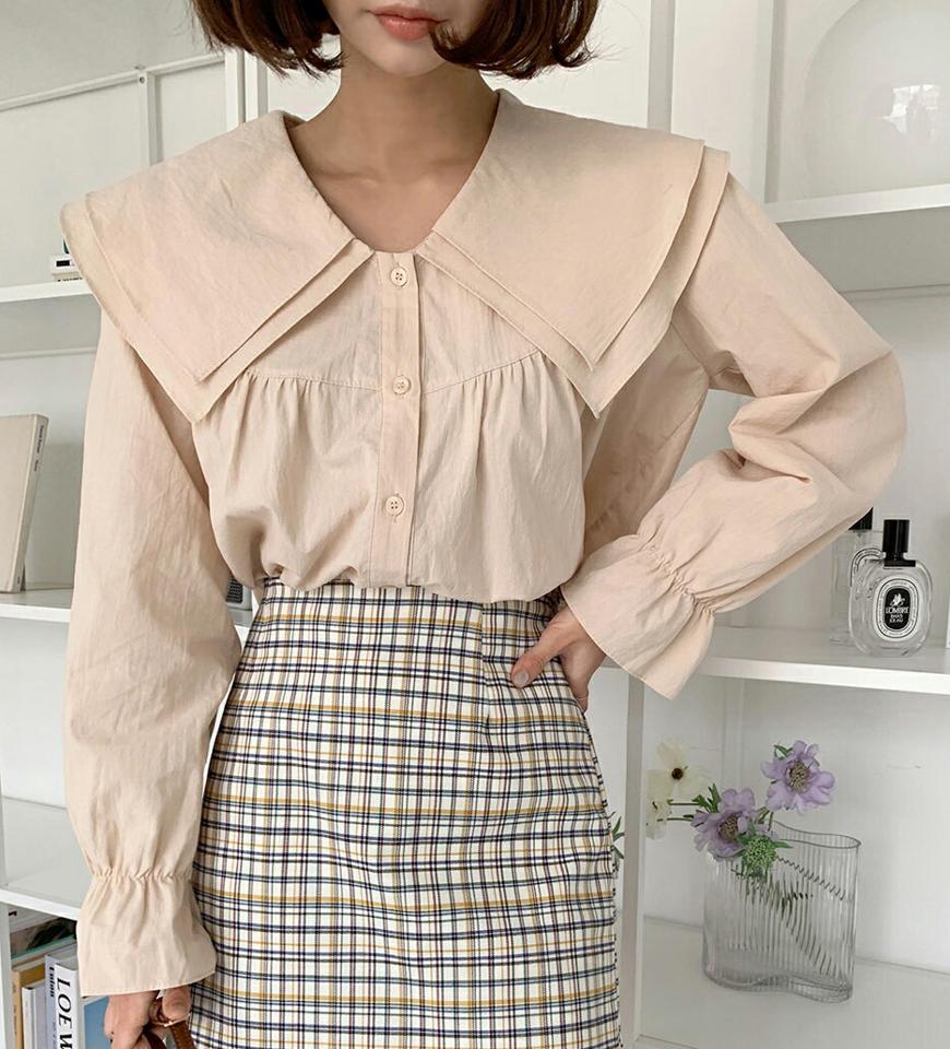 ダブルビッグセーラーカラーブラウス・全3色・t66869 レディース 【bl】韓国ファッション トップス ブラウス 長袖 カラーネック ダブルカラー ビッグカラー セーラーカラー ギャザー 無地 シンプル かわいい カジュアル フェミニン 春 秋