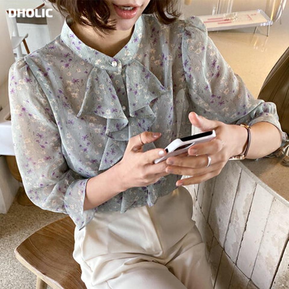 花柄フリルネックシアーブラウス・全3色・t66872 レディース 【bl】韓国ファッション トップス ブラウス 7分袖 7分丈 フリルネック シアー 花柄 フラワー フローラル シンプル かわいい 可愛い カジュアル フェミニン 春 秋