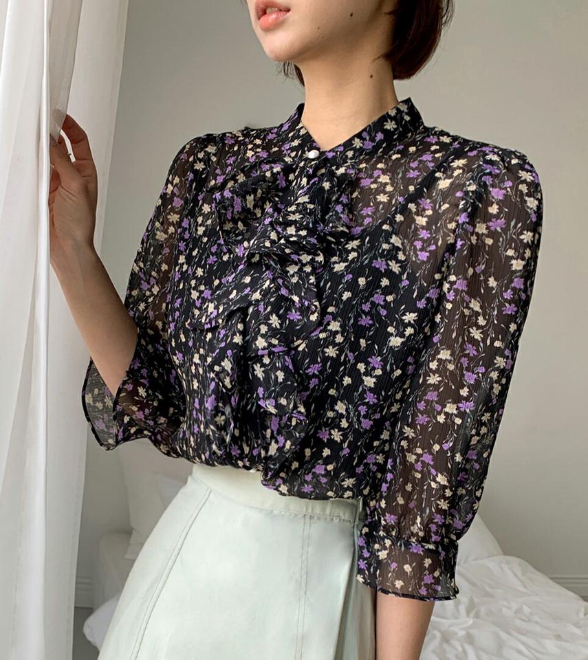 花柄フリルネックシアーブラウス・全3色・t66872 レディース 【bl】韓国ファッション トップス ブラウス 7分袖 7分丈 フリルネック シアー 花柄 フラワー フローラル シンプル かわいい 可愛い カジュアル フェミニン 春 秋