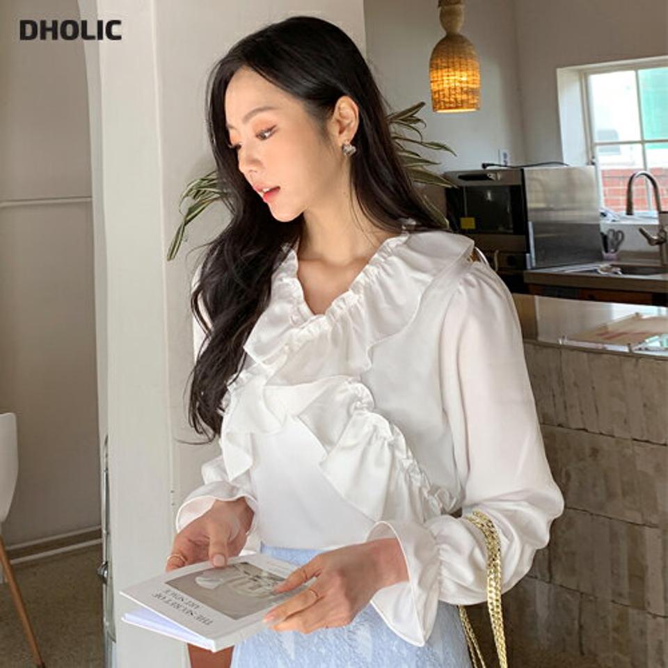 Vネッククロスフリルブラウス・全3色・t66866 レディース 【bl】韓国ファッション トップス ブラウス 長袖 Vネック クロスフリル パフスリーブ ボリューム シンプル かわいい 可愛い カジュアル フェミニン 春 秋