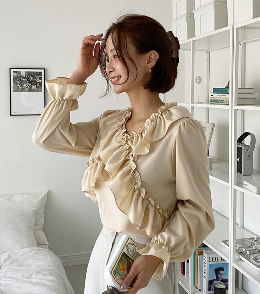 Vネッククロスフリルブラウス・全3色・t66866 レディース 【bl】韓国ファッション トップス ブラウス 長袖 Vネック クロスフリル パフスリーブ ボリューム シンプル かわいい 可愛い カジュアル フェミニン 春 秋