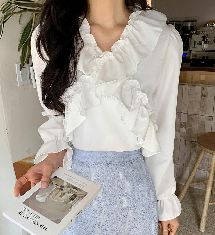 Vネッククロスフリルブラウス・全3色・t66866 レディース 【bl】韓国ファッション トップス ブラウス 長袖 Vネック クロスフリル パフスリーブ ボリューム シンプル かわいい 可愛い カジュアル フェミニン 春 秋