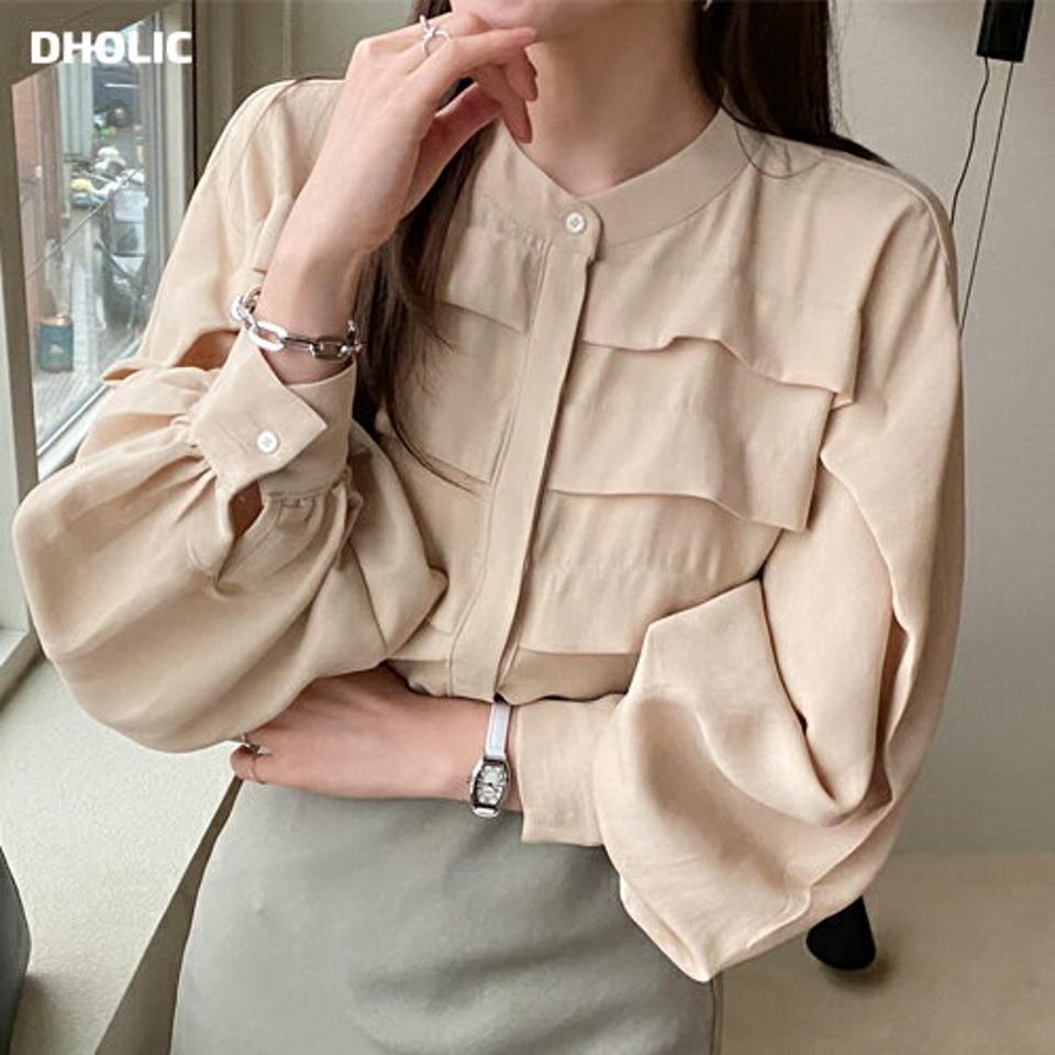 フリルパフブラウス・全3色・b71809 レディース 【bl】トップス ブラウス 長袖 フリル パフスリーブ パフ袖 シンプル フェミニン バンドカラー オフィスカジュアル 春 秋 韓国ファッション ハイホリHIHOLLI