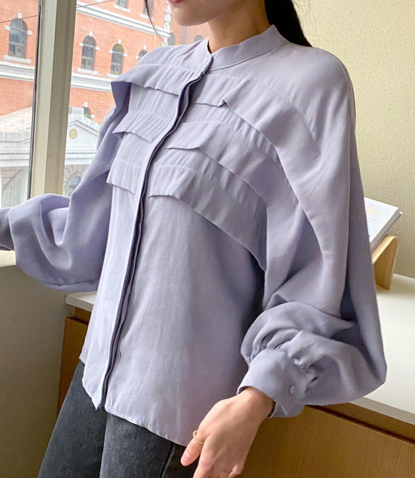 フリルパフブラウス・全3色・b71809 レディース 【bl】トップス ブラウス 長袖 フリル パフスリーブ パフ袖 シンプル フェミニン バンドカラー オフィスカジュアル 春 秋 韓国ファッション ハイホリHIHOLLI