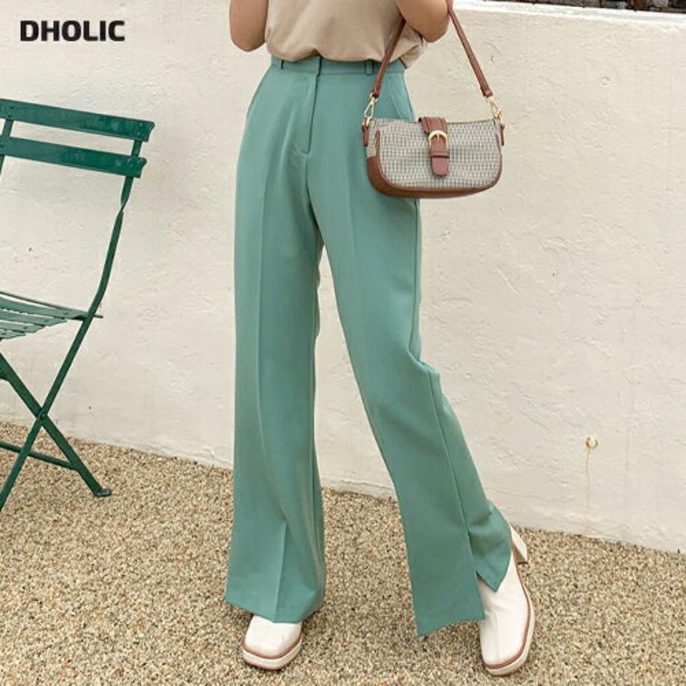 スリットフレアスラックス・全4色・t00539 レディース 【pt】韓国ファッション ボトムス ロング ロングパンツ スラックスパンツ スラックス スリット フレア ベルトループ ダーツ 無地 シンプル フェミニン 緑 カジュアル カラーパンツ 春 秋
