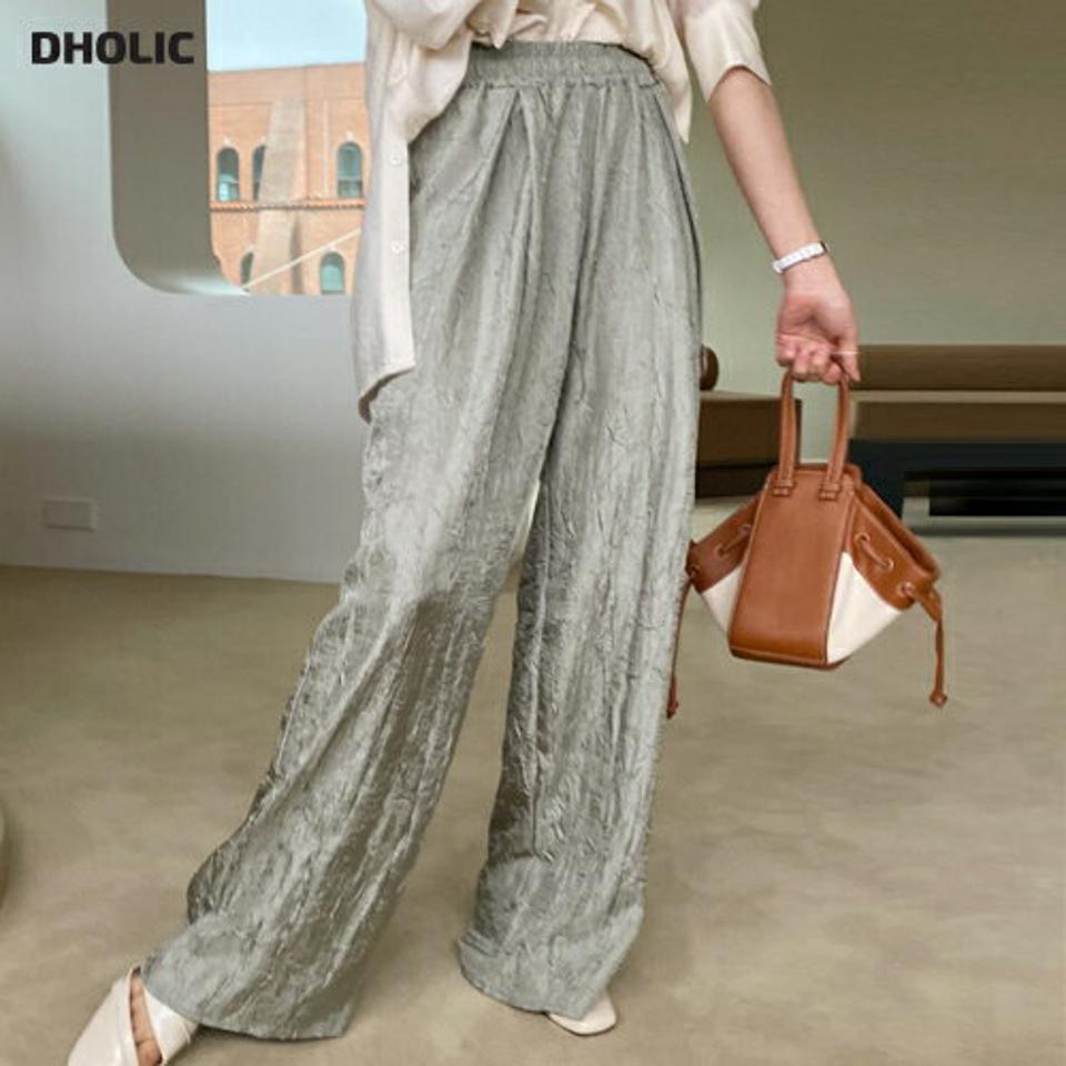 サテンリンクルワイドパンツ・全3色・t71821 レディース 【pt】パンツ ズボン ロングパンツ ストレート サテンパンツ リンクル カジュアル ウエストゴム きれいめ 体型カバー 大人 ワイド フロントタック 春 秋 韓国ファッション ハイホリHIHOLLI
