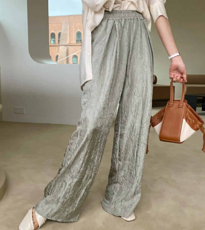 サテンリンクルワイドパンツ・全3色・t71821 レディース 【pt】パンツ ズボン ロングパンツ ストレート サテンパンツ リンクル カジュアル ウエストゴム きれいめ 体型カバー 大人 ワイド フロントタック 春 秋 韓国ファッション ハイホリHIHOLLI