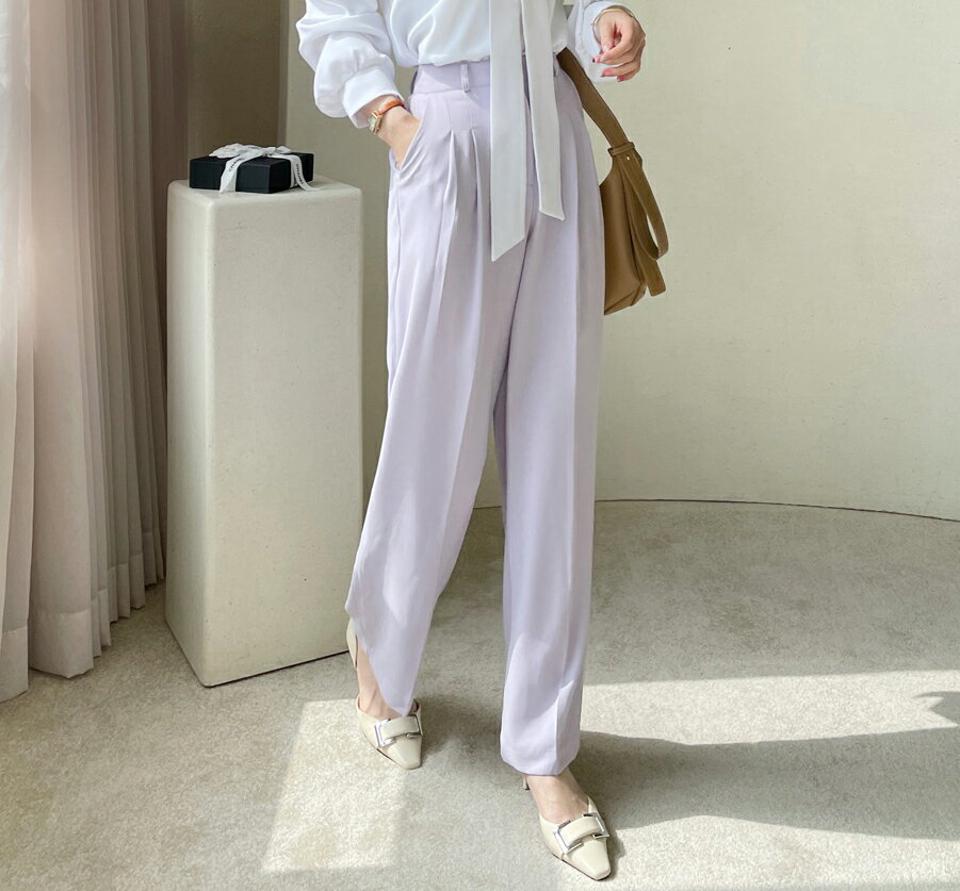 ツータックワイドスラックス・全3色・t71950 レディース 【pt】パンツ ロング 丈 スラックス タック ワイド 単色 無地 シンプル パステル オフィスカジュアル 春 夏 秋 カラーパンツ 冬 きれいめ 大人っぽ フェミニン 紫 韓国ファッション ハイホリHIHOLLI