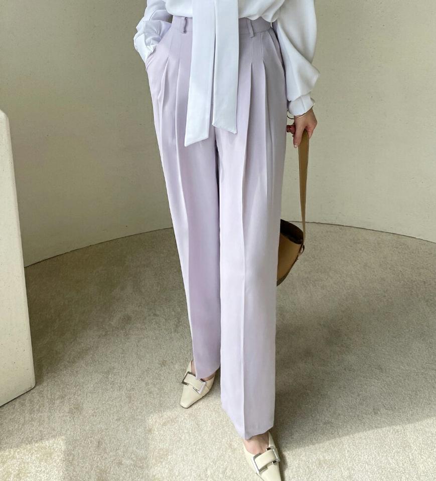 ツータックワイドスラックス・全3色・t71950 レディース 【pt】パンツ ロング 丈 スラックス タック ワイド 単色 無地 シンプル パステル オフィスカジュアル 春 夏 秋 カラーパンツ 冬 きれいめ 大人っぽ フェミニン 紫 韓国ファッション ハイホリHIHOLLI