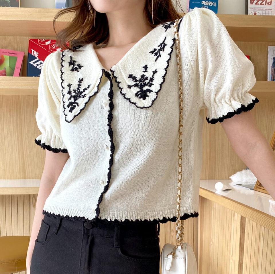 花柄刺繍半袖カラーカーディガン・全2色・b00326 レディース 【cd】韓国ファッション トップス カーディガン カーデ 半袖 カラーネック パフスリーブ 花柄 フローラル フラワー 刺繍 かわいい シンプル カジュアル フェミニン 春 秋