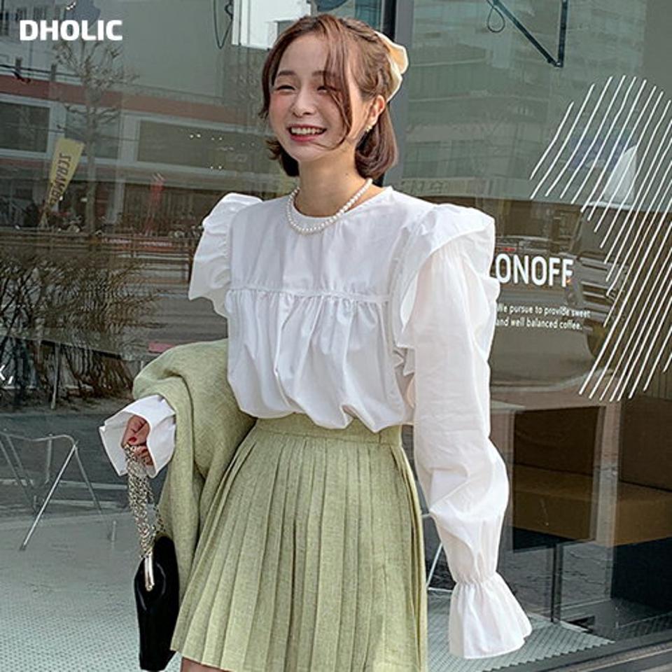 ラウンドフリルパフブラウス・全2色・t00324 レディース 【bl】韓国ファッション トップス ブラウス 長袖 ラウンドネック フリル パフスリーブ ギャザー 無地 シンプル カジュアル フェミニン デイリー 春 秋