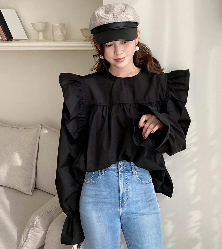 ラウンドフリルパフブラウス・全2色・t00324 レディース 【bl】韓国ファッション トップス ブラウス 長袖 ラウンドネック フリル パフスリーブ ギャザー 無地 シンプル カジュアル フェミニン デイリー 春 秋