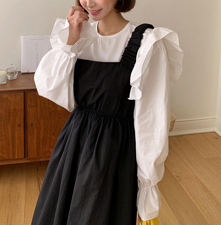 ラウンドフリルパフブラウス・全2色・t00324 レディース 【bl】韓国ファッション トップス ブラウス 長袖 ラウンドネック フリル パフスリーブ ギャザー 無地 シンプル カジュアル フェミニン デイリー 春 秋