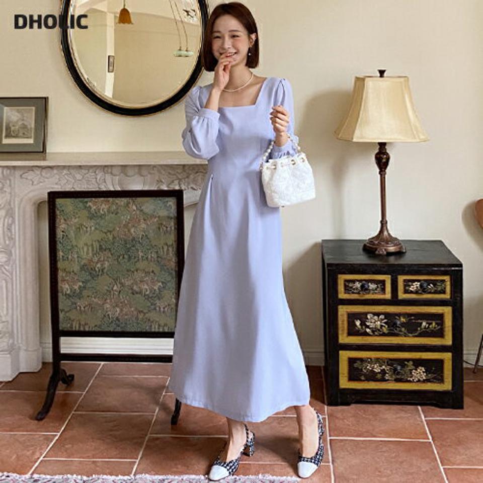 スクエアリボンワンピース・全3色・t00516 レディース 【ops】韓国ファッション ワンピース ロング ロングワンピース 長袖 スクエアネック リボン パフスリーブ フレア ロング丈 無地 シンプル フェミニン カジュアル 春 秋