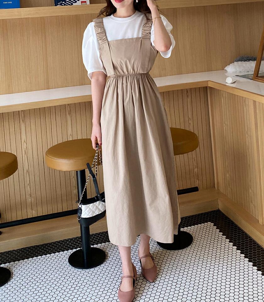 2WAYゴムストラップノースリワンピース・全2色・b00350 レディース 【ops】韓国ファッション ワンピース ロング ロングワンピース ノースリーブ スリーブレス スクエアネック ウエストゴム コットン ロング丈 無地 シンプル フェミニン カジュアル 春 秋
