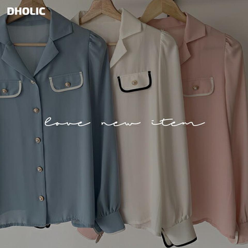 【マラソン特価】パール調ボタン配色ラインカラーブラウス・全3色・t72017 レディース 【bl】ブラウス トップス 長袖 ライン 配色 パステル パール調 ボタン ぼたん 襟 Vネック 鎖骨 デコルテ見せ オフィス 春 秋 フェミニン 韓国ファッション ハイホリHIHOLLI