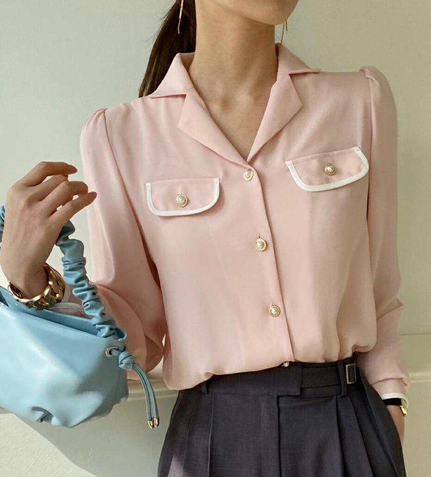 【マラソン特価】パール調ボタン配色ラインカラーブラウス・全3色・t72017 レディース 【bl】ブラウス トップス 長袖 ライン 配色 パステル パール調 ボタン ぼたん 襟 Vネック 鎖骨 デコルテ見せ オフィス 春 秋 フェミニン 韓国ファッション ハイホリHIHOLLI