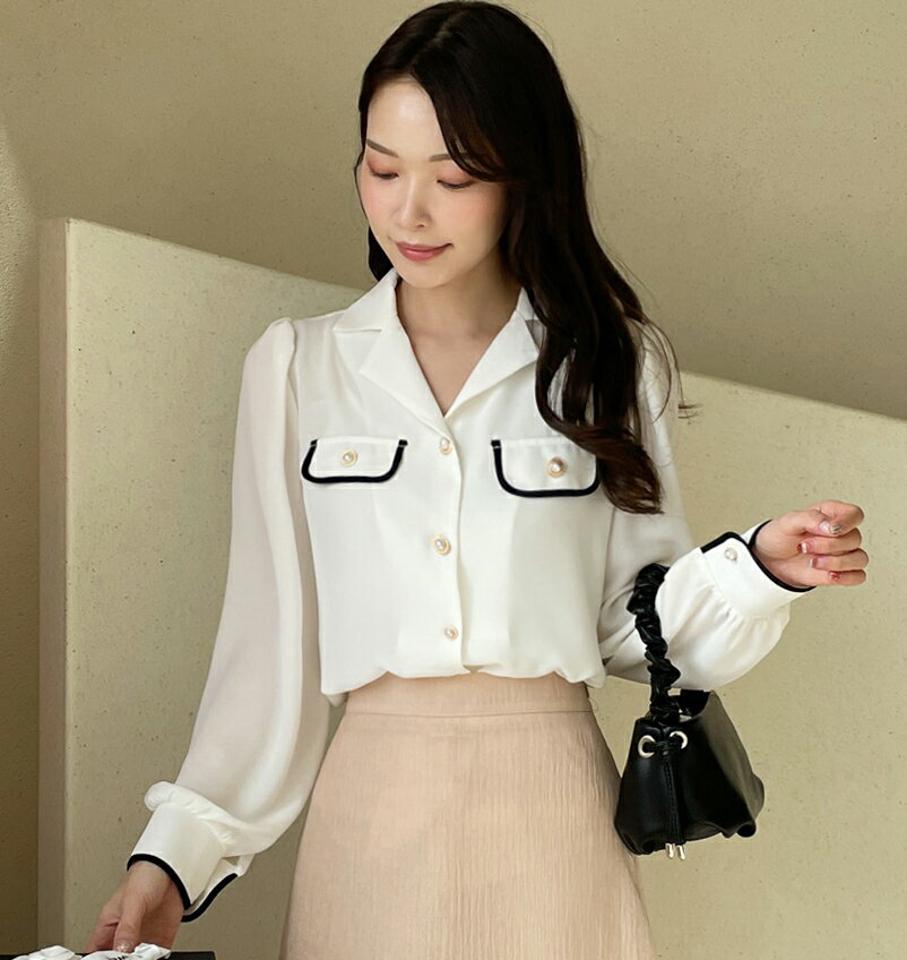 【マラソン特価】パール調ボタン配色ラインカラーブラウス・全3色・t72017 レディース 【bl】ブラウス トップス 長袖 ライン 配色 パステル パール調 ボタン ぼたん 襟 Vネック 鎖骨 デコルテ見せ オフィス 春 秋 フェミニン 韓国ファッション ハイホリHIHOLLI