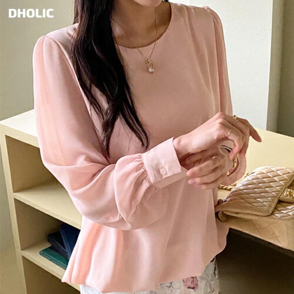 バルーンヘムシフォンブラウス・全4色・b71807 レディース 【bl】トップス ブラウス 長袖 シフォン 単色 無地 シンプル フェミニン 上品 きれいめ パフ袖 パフスリーブ パステル 春 秋 韓国ファッション ハイホリHIHOLLI