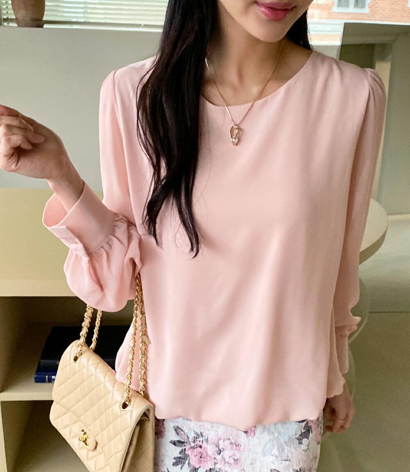 バルーンヘムシフォンブラウス・全4色・b71807 レディース 【bl】トップス ブラウス 長袖 シフォン 単色 無地 シンプル フェミニン 上品 きれいめ パフ袖 パフスリーブ パステル 春 秋 韓国ファッション ハイホリHIHOLLI