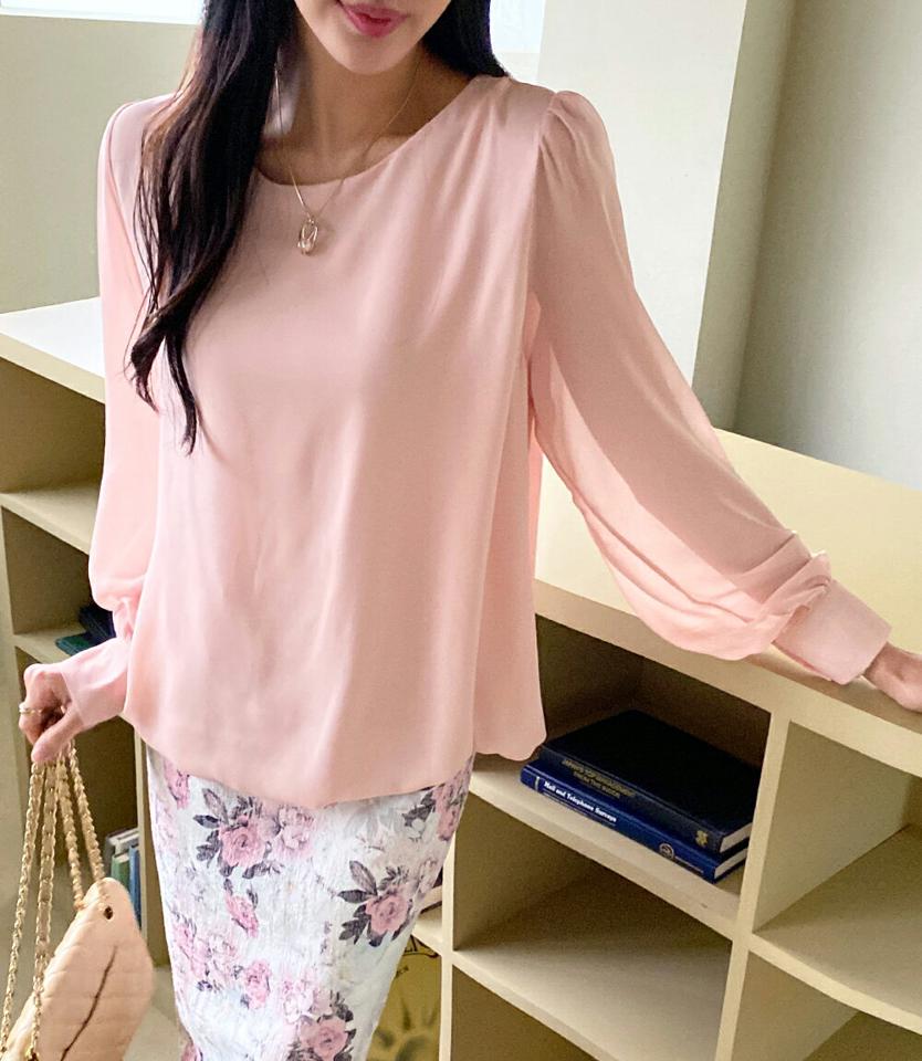 バルーンヘムシフォンブラウス・全4色・b71807 レディース 【bl】トップス ブラウス 長袖 シフォン 単色 無地 シンプル フェミニン 上品 きれいめ パフ袖 パフスリーブ パステル 春 秋 韓国ファッション ハイホリHIHOLLI