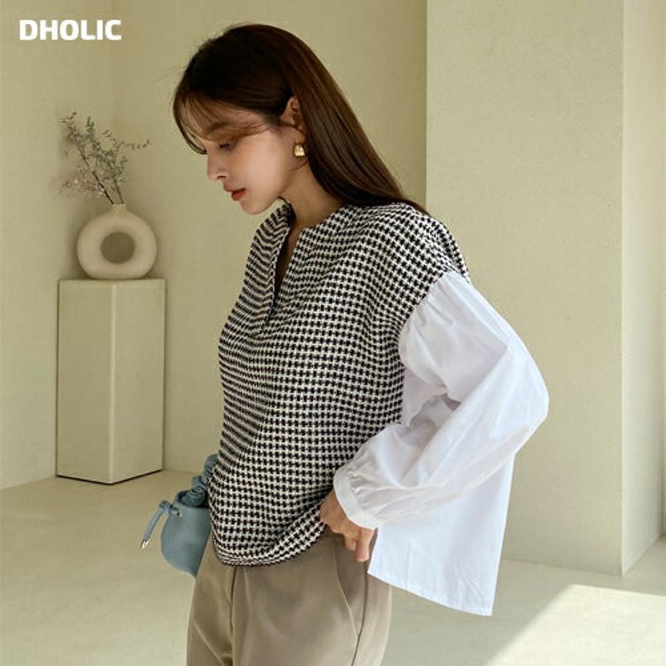 配色ツイードスリットブラウス・全1色・t71970 レディース 【bl】ブラウス トップス 長袖 異素材 配色 ツイード柄 模様 スリット 春 秋 冬 アンバランス 丈 パフスリーブ ゆったり 楽ちん フェミニン 上品 韓国ファッション ハイホリHIHOLLI