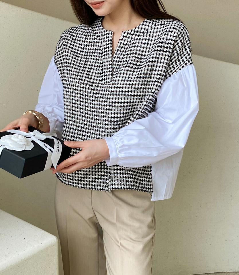 配色ツイードスリットブラウス・全1色・t71970 レディース 【bl】ブラウス トップス 長袖 異素材 配色 ツイード柄 模様 スリット 春 秋 冬 アンバランス 丈 パフスリーブ ゆったり 楽ちん フェミニン 上品 韓国ファッション ハイホリHIHOLLI