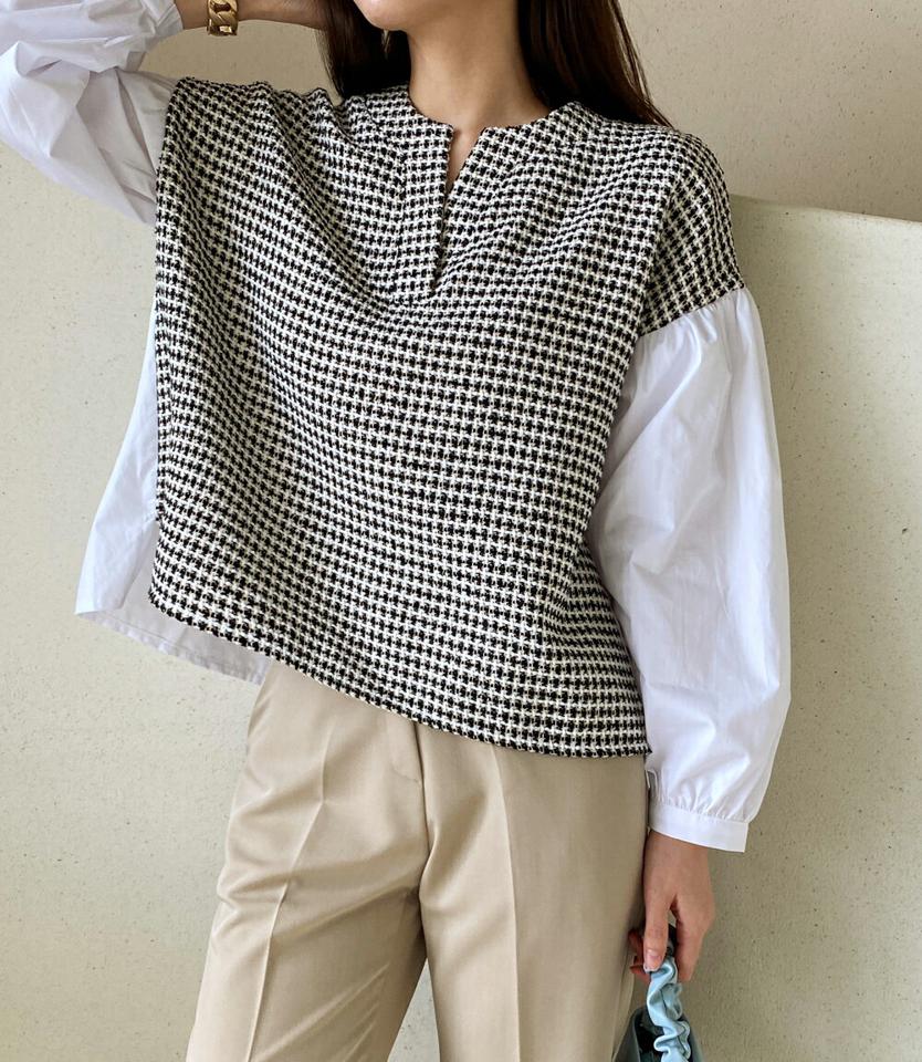 配色ツイードスリットブラウス・全1色・t71970 レディース 【bl】ブラウス トップス 長袖 異素材 配色 ツイード柄 模様 スリット 春 秋 冬 アンバランス 丈 パフスリーブ ゆったり 楽ちん フェミニン 上品 韓国ファッション ハイホリHIHOLLI