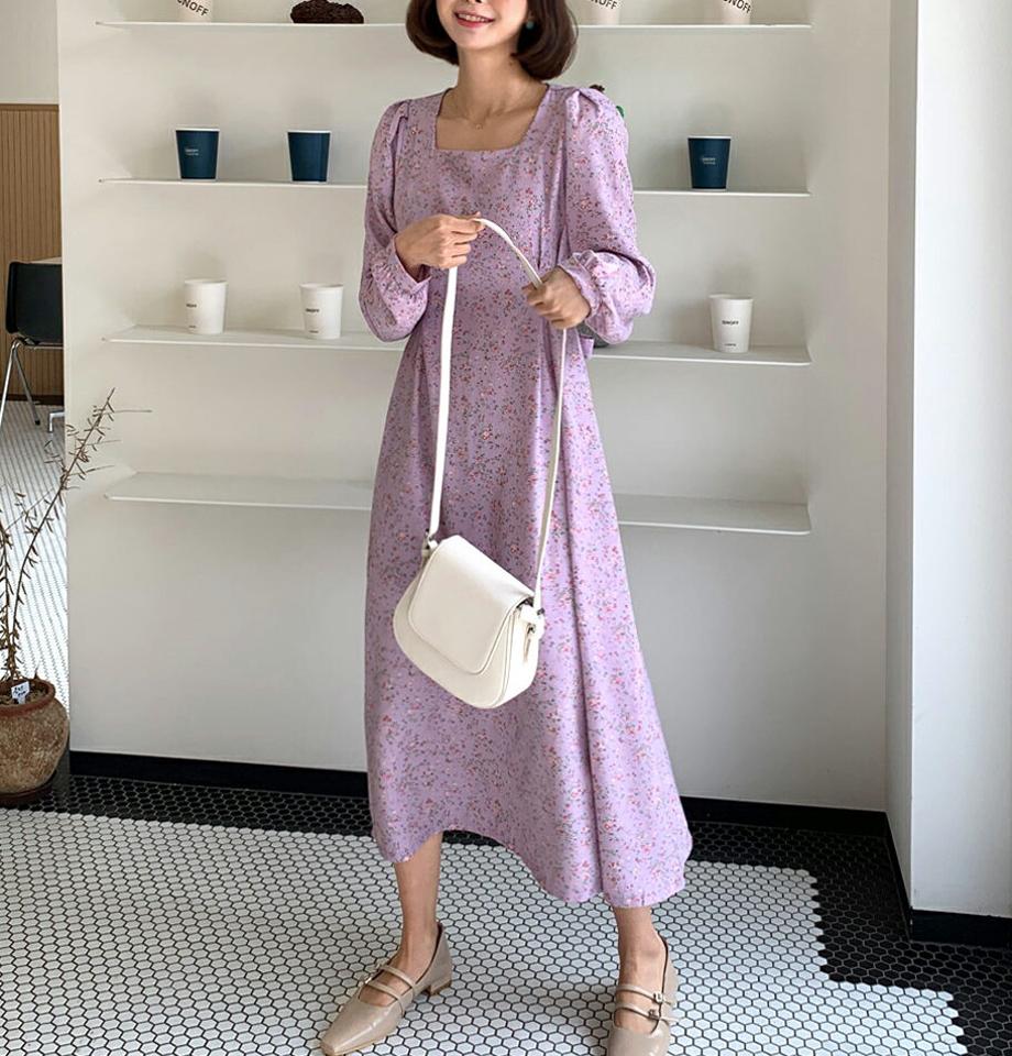 スクエアフローラルワンピース・全3色・t00349 レディース 【ops】韓国ファッション ワンピース ロング ロングワンピース 長袖 スクエアネック 小花柄 花柄 フラワー フローラル パフスリーブ タック ロング丈 シンプル フェミニン 春 秋