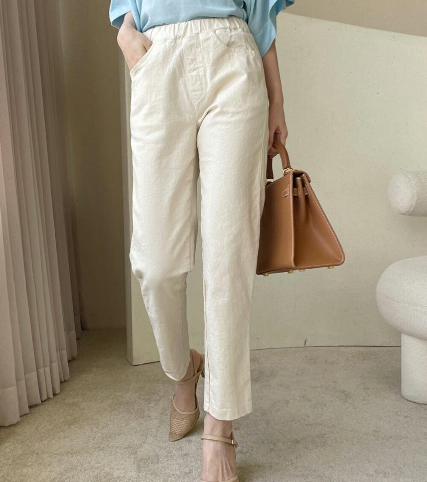 コットン混ウエストゴムパンツ・全3色・t71976 レディース 【pt】パンツ ロング 丈 無地 シンプル 単色 コットン 綿 ウエストゴム 楽ちん テーパード ダーツ カジュアル ホワイト クリーム 春 夏 秋 韓国ファッション ハイホリHIHOLLI