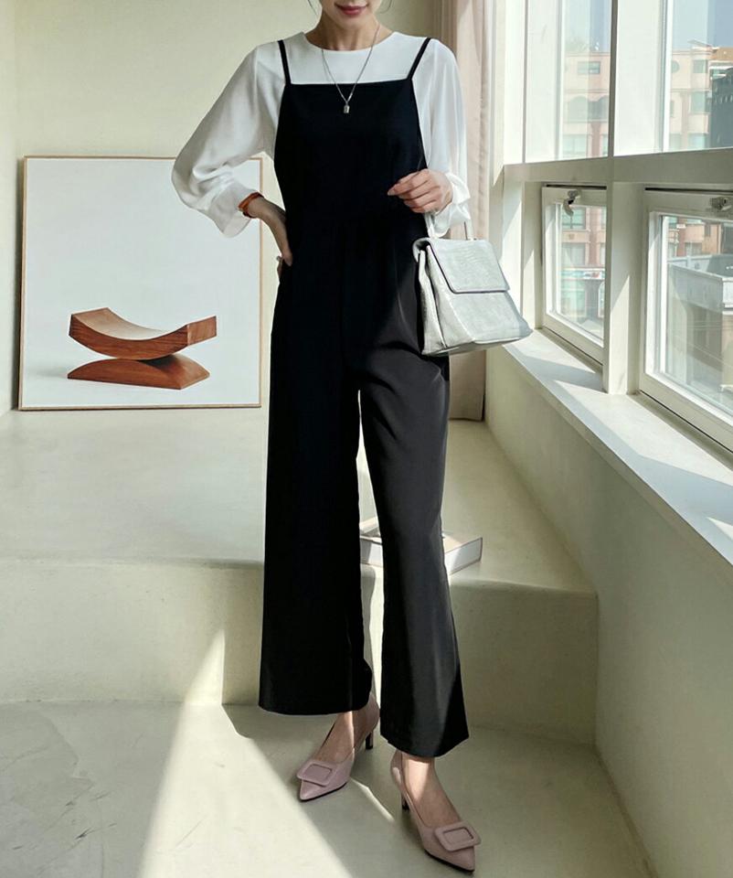 キャミワイドオールインワン・全2色・b71975 レディース 【pt】オールインワン パンツ ロング丈 キャミ 単色 無地 シンプル パステル ワイド スクエアネック 春 夏 秋 冬 スタイルアップ フェミニン カジュアル 韓国ファッション ハイホリHIHOLLI