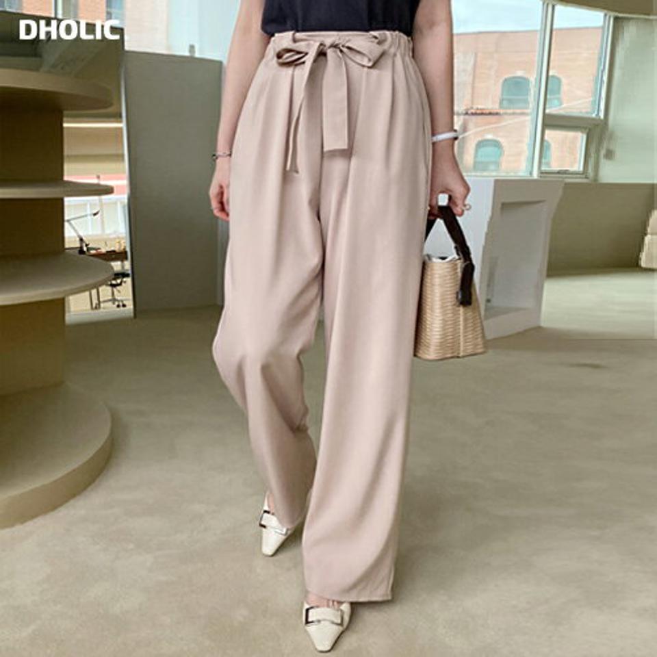 リボンウエストゴムパンツ・全2色・t71820 レディース 【pt】トップス Tシャツ 半袖 ロゴ 刺繍 カジュアル ラフ シンプル ラウンドネック コットン 綿 春 夏 韓国ファッション ハイホリHIHOLLI