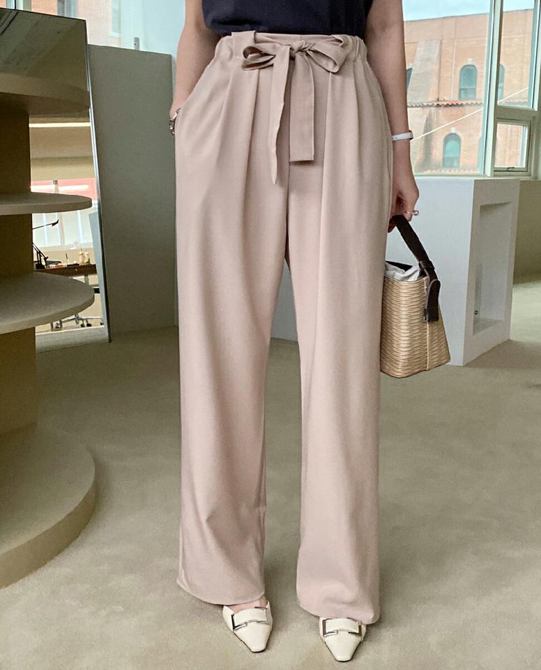 リボンウエストゴムパンツ・全2色・t71820 レディース 【pt】トップス Tシャツ 半袖 ロゴ 刺繍 カジュアル ラフ シンプル ラウンドネック コットン 綿 春 夏 韓国ファッション ハイホリHIHOLLI