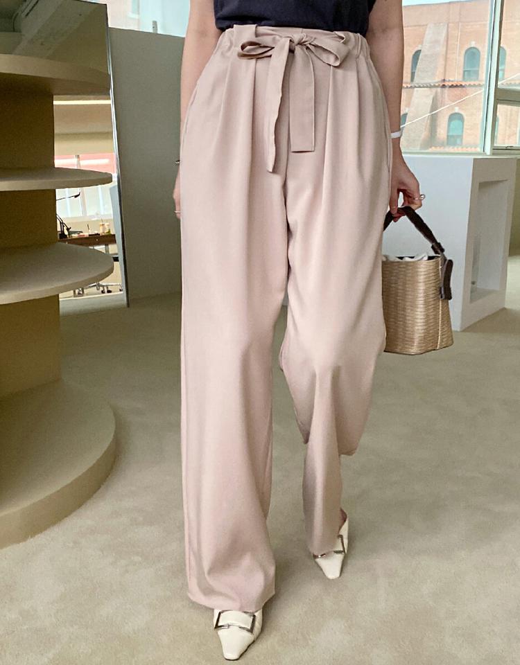 リボンウエストゴムパンツ・全2色・t71820 レディース 【pt】トップス Tシャツ 半袖 ロゴ 刺繍 カジュアル ラフ シンプル ラウンドネック コットン 綿 春 夏 韓国ファッション ハイホリHIHOLLI