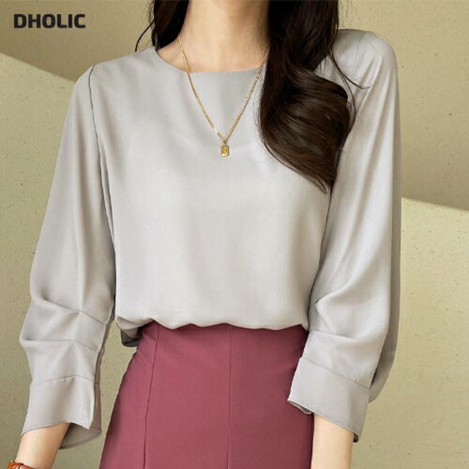 タックスリーブラウンドブラウス・全3色・t71944 レディース 【bl】ブラウス トップス 長袖 単色 無地 シンプル オフィスカジュアル パステル くすみ 七分丈 タック ボリューミー ゆったり 春 秋 フェミニン 大人 韓国ファッション ハイホリHIHOLLI