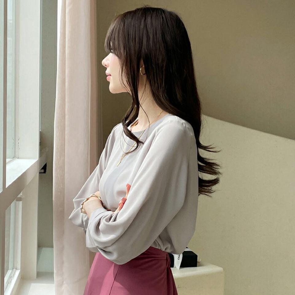 タックスリーブラウンドブラウス・全3色・t71944 レディース 【bl】ブラウス トップス 長袖 単色 無地 シンプル オフィスカジュアル パステル くすみ 七分丈 タック ボリューミー ゆったり 春 秋 フェミニン 大人 韓国ファッション ハイホリHIHOLLI