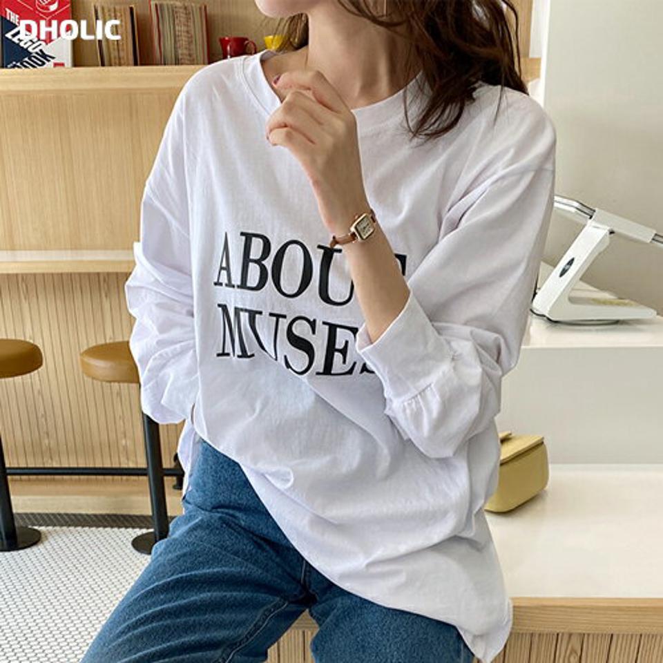 ABOUT MUSESオーバーフィットTシャツ・全3色・t00315 レディース 【tops】韓国ファッション トップス Tシャツ 大人 長袖 ラウンドネック レタリング 英字 ロゴ シンプル コットン 綿 オーバーサイズが 体型カバー フェミニン カジュアル 春 秋