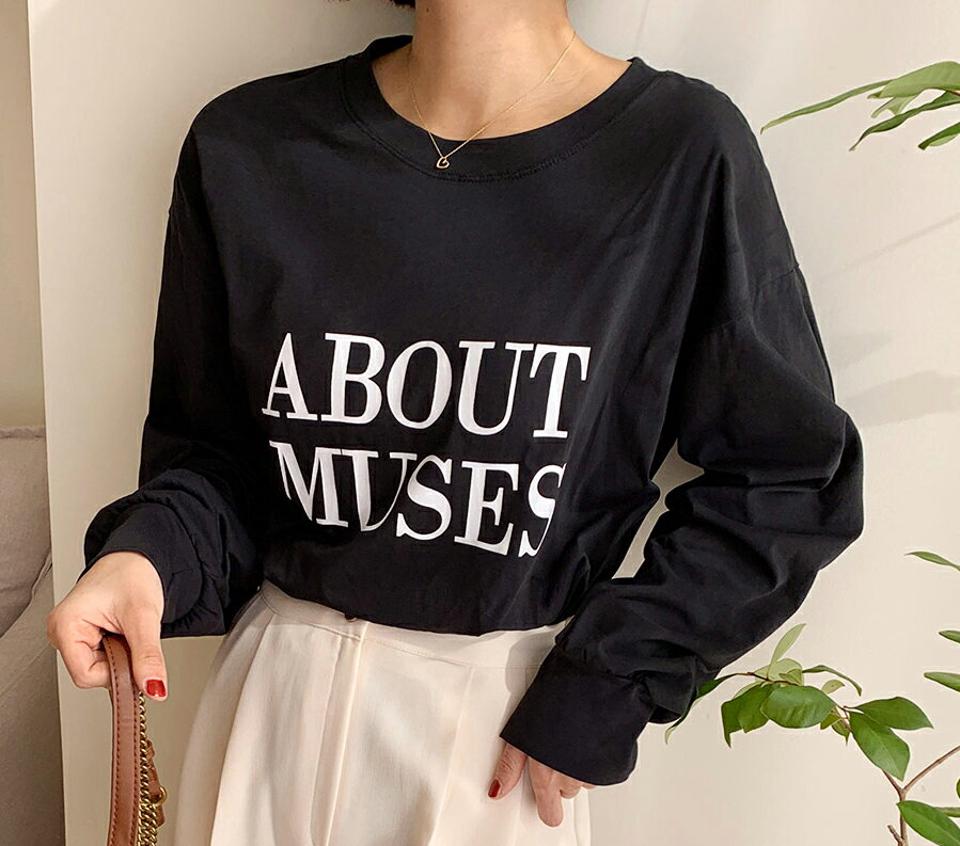ABOUT MUSESオーバーフィットTシャツ・全3色・t00315 レディース 【tops】韓国ファッション トップス Tシャツ 大人 長袖 ラウンドネック レタリング 英字 ロゴ シンプル コットン 綿 オーバーサイズが 体型カバー フェミニン カジュアル 春 秋