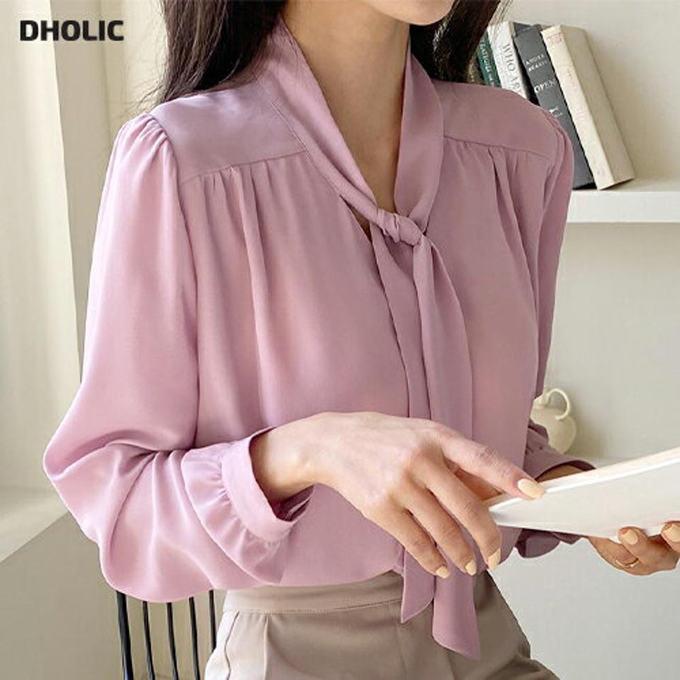 ボウタイギャザーブラウス・全5色・e66768 レディース 【bl】韓国ファッション トップス ブラウス 長袖 Vネック ボウタイ ギャザー シック カフスボタン 無地 シンプル かわいい カジュアル フェミニン 春 秋
