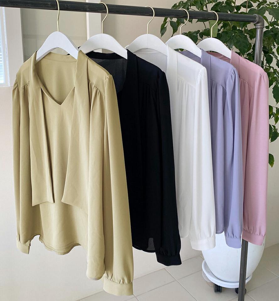 ボウタイギャザーブラウス・全5色・e66768 レディース 【bl】韓国ファッション トップス ブラウス 長袖 Vネック ボウタイ ギャザー シック カフスボタン 無地 シンプル かわいい カジュアル フェミニン 春 秋