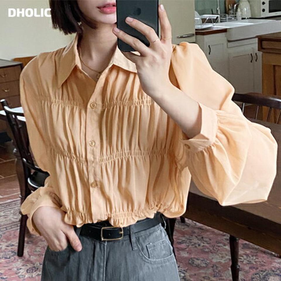シャーリングカラーブラウス・全3色・b00505 レディース 【bl】韓国ファッション トップス ブラウス 長袖 カラーネック シャーリング シフォン ギャザー カフスボタン シンプル かわいい カジュアル フェミニン 春 秋