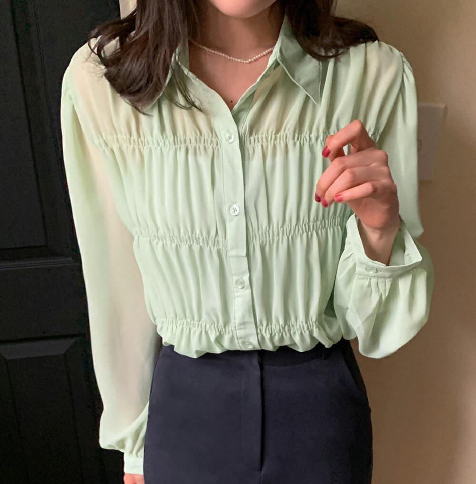 シャーリングカラーブラウス・全3色・b00505 レディース 【bl】韓国ファッション トップス ブラウス 長袖 カラーネック シャーリング シフォン ギャザー カフスボタン シンプル かわいい カジュアル フェミニン 春 秋