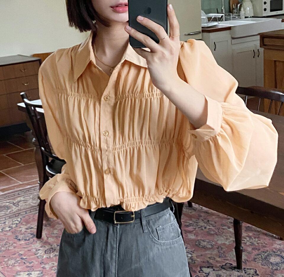 シャーリングカラーブラウス・全3色・b00505 レディース 【bl】韓国ファッション トップス ブラウス 長袖 カラーネック シャーリング シフォン ギャザー カフスボタン シンプル かわいい カジュアル フェミニン 春 秋
