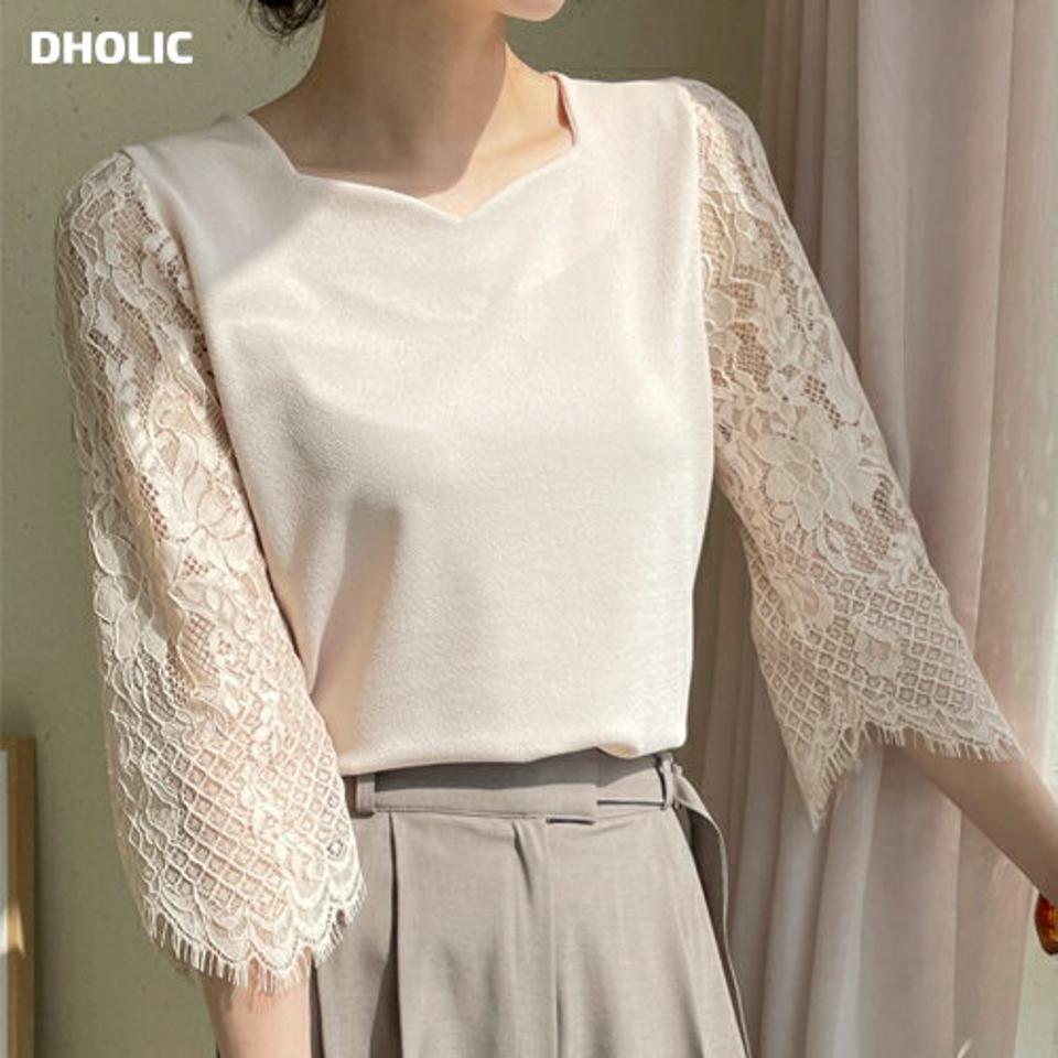 レーススリーブブラウス・全3色・t71946 レディース 【bl】ブラウス トップス 七分丈 異素材 レース 柄 模様 スカラップ ハートネック デコルテ 単色 オフィスカジュアル パステル 春 夏 秋 フェミニン きれいめ 韓国ファッション ハイホリHIHOLLI