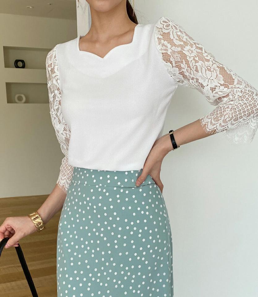 レーススリーブブラウス・全3色・t71946 レディース 【bl】ブラウス トップス 七分丈 異素材 レース 柄 模様 スカラップ ハートネック デコルテ 単色 オフィスカジュアル パステル 春 夏 秋 フェミニン きれいめ 韓国ファッション ハイホリHIHOLLI