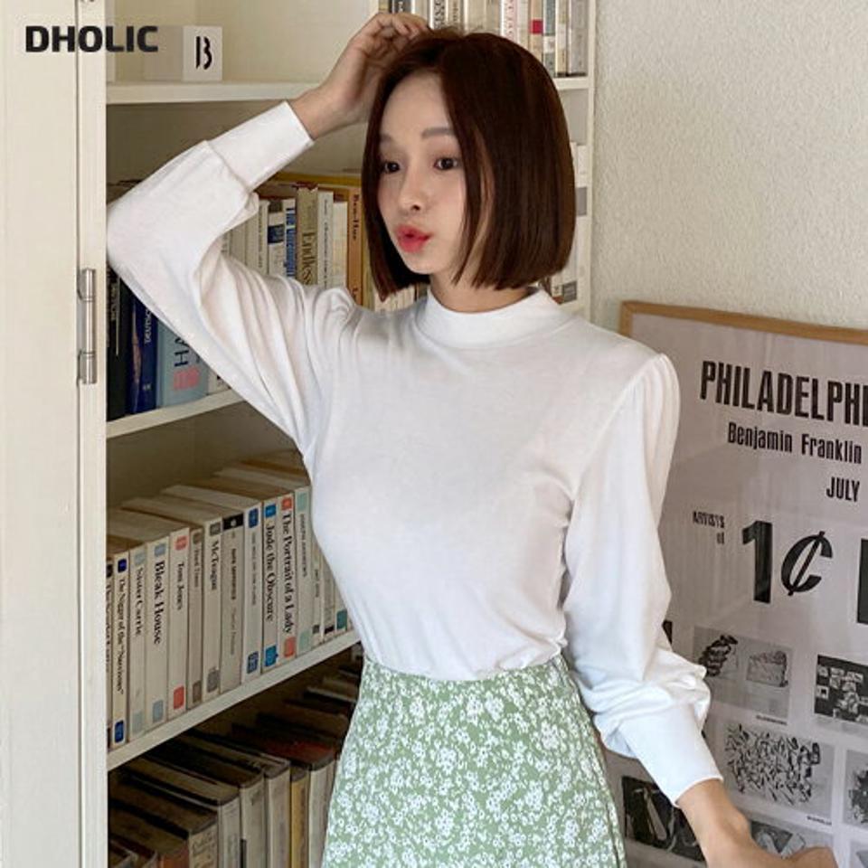 ハーフネックギャザーTシャツ・全7色・e00174 レディース 【tops】韓国ファッション トップス Tシャツ 大人 長袖 ハーフネック ギャザー パフスリーブ 無地 シンプル かわいい フェミニン カジュアル デイリー 春 秋