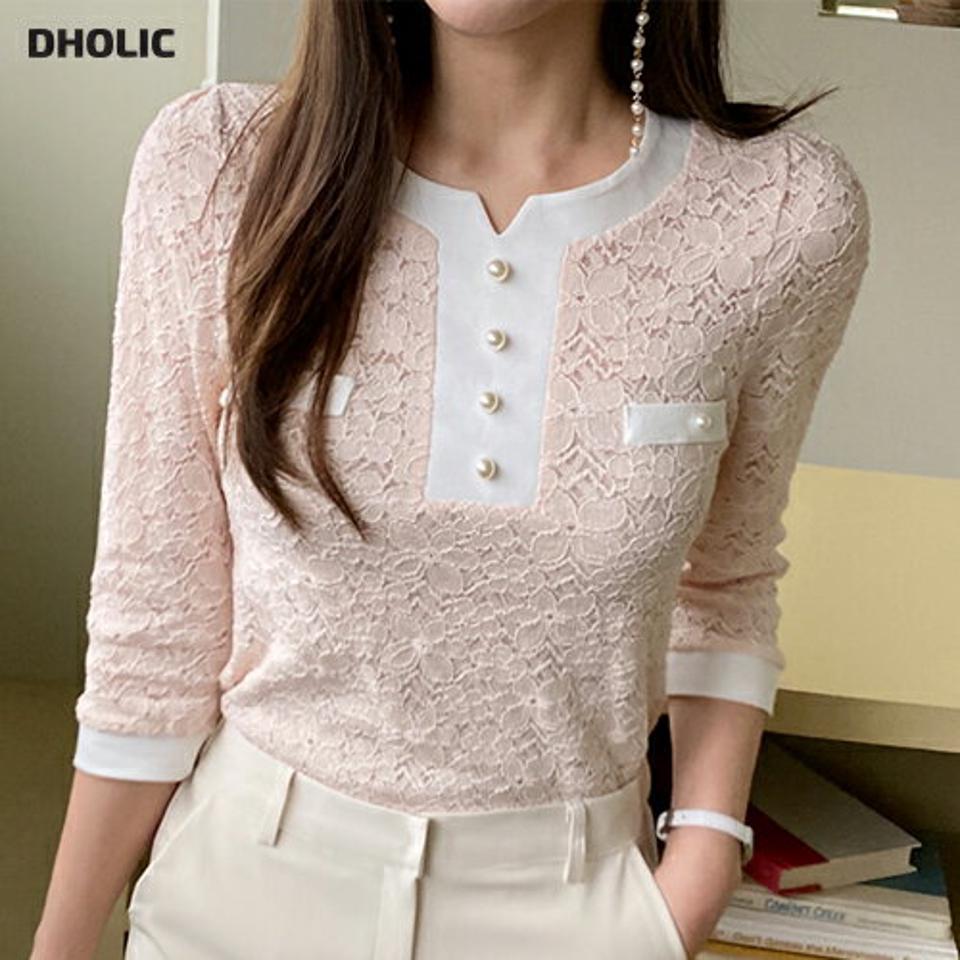 配色レース7分袖ブラウス・全3色・t71805 レディース 【bl】トップス ブラウス 七分丈 七分袖 7分袖 7分丈 レース 総レース パールボタン フェミニン スリットネック パステル きれいめ 上品 大人 春 秋 韓国ファッション ハイホリHIHOLLI